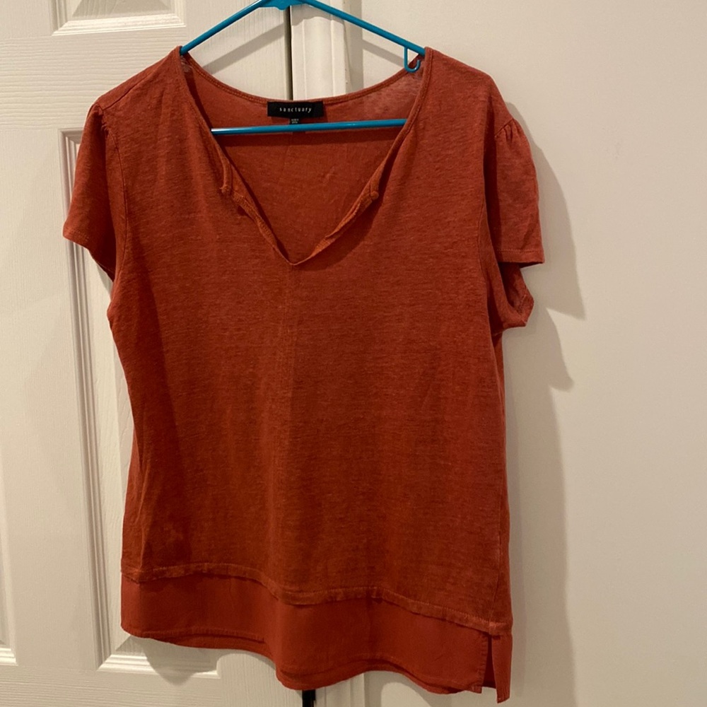Linen shirt sleeve top.  Rust color.